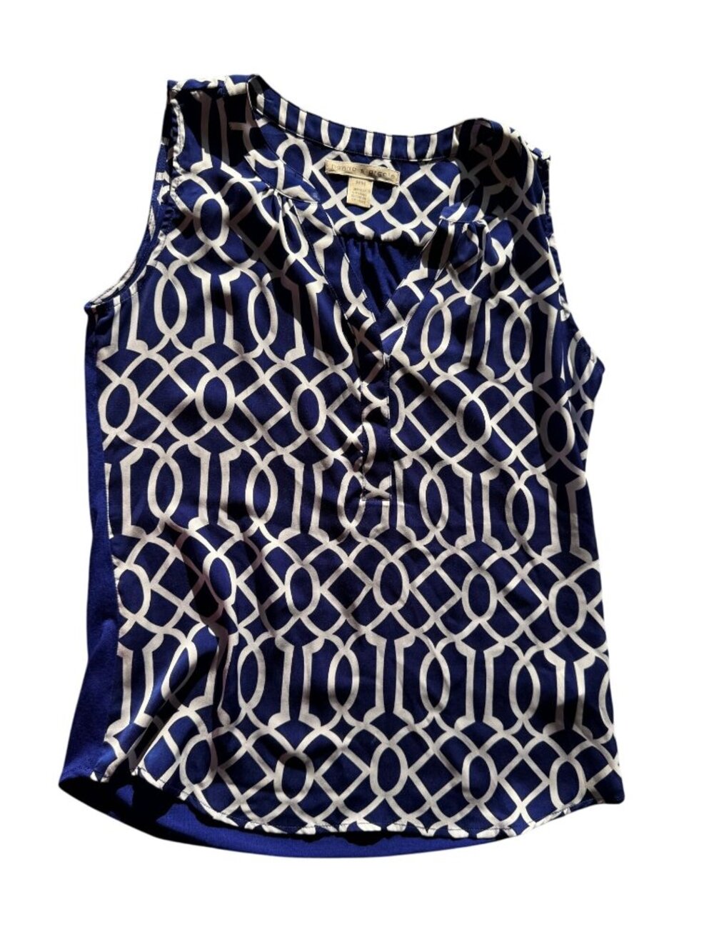 Hanna & Gracie Womens Sleeveless Blouse Blue/White M Medium Geometric Stretchy
